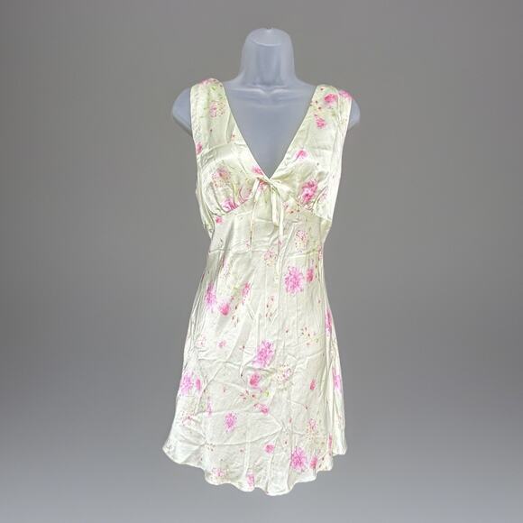 ASOS Dresses & Skirts - ASOS Satin Mini Slip Dress Sz 8-10 V-Neck Lemon & Pink Floral Romantic Coquette